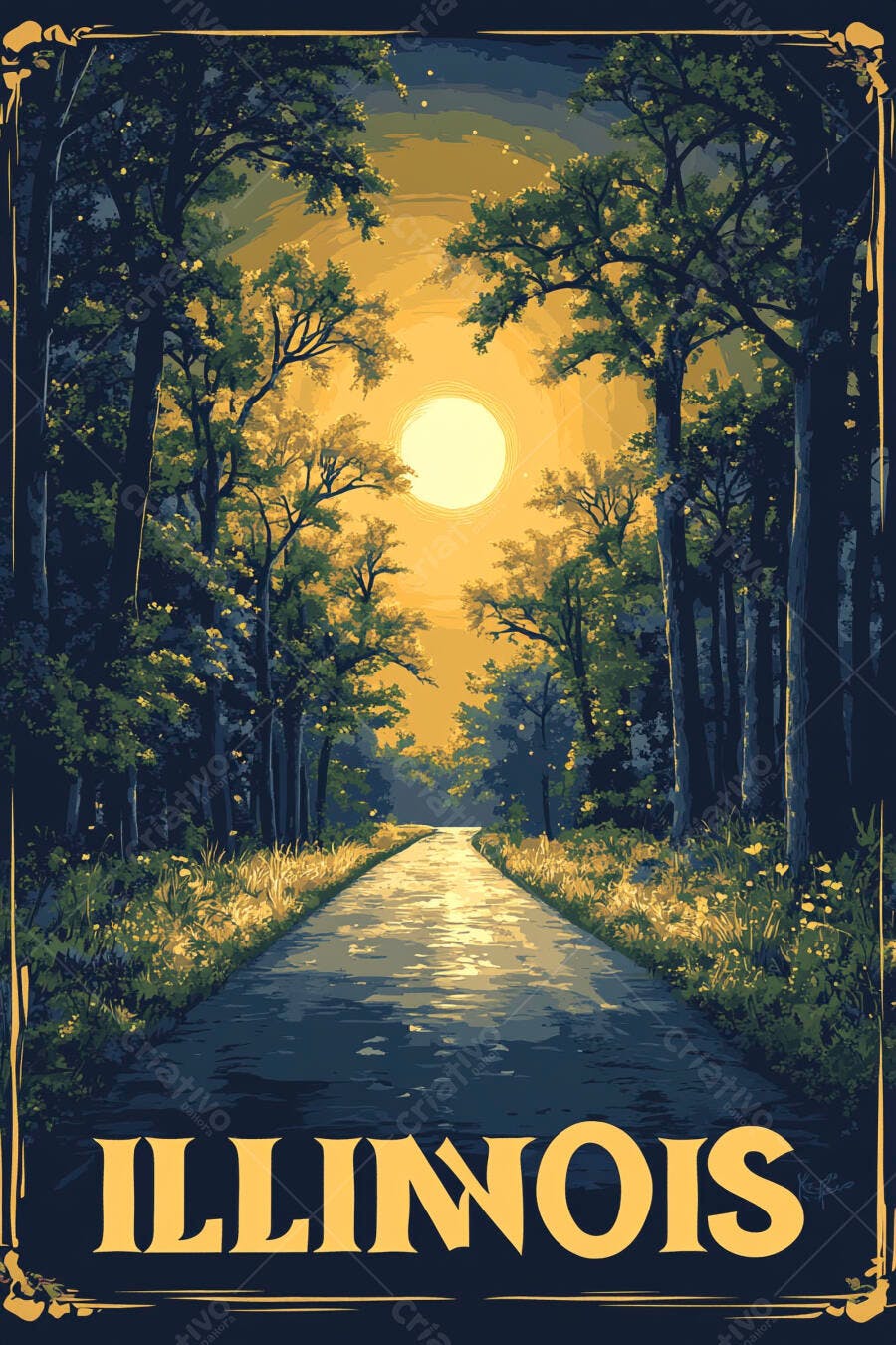 Pôster vintage Illinois estrada floresta luz solar dourada