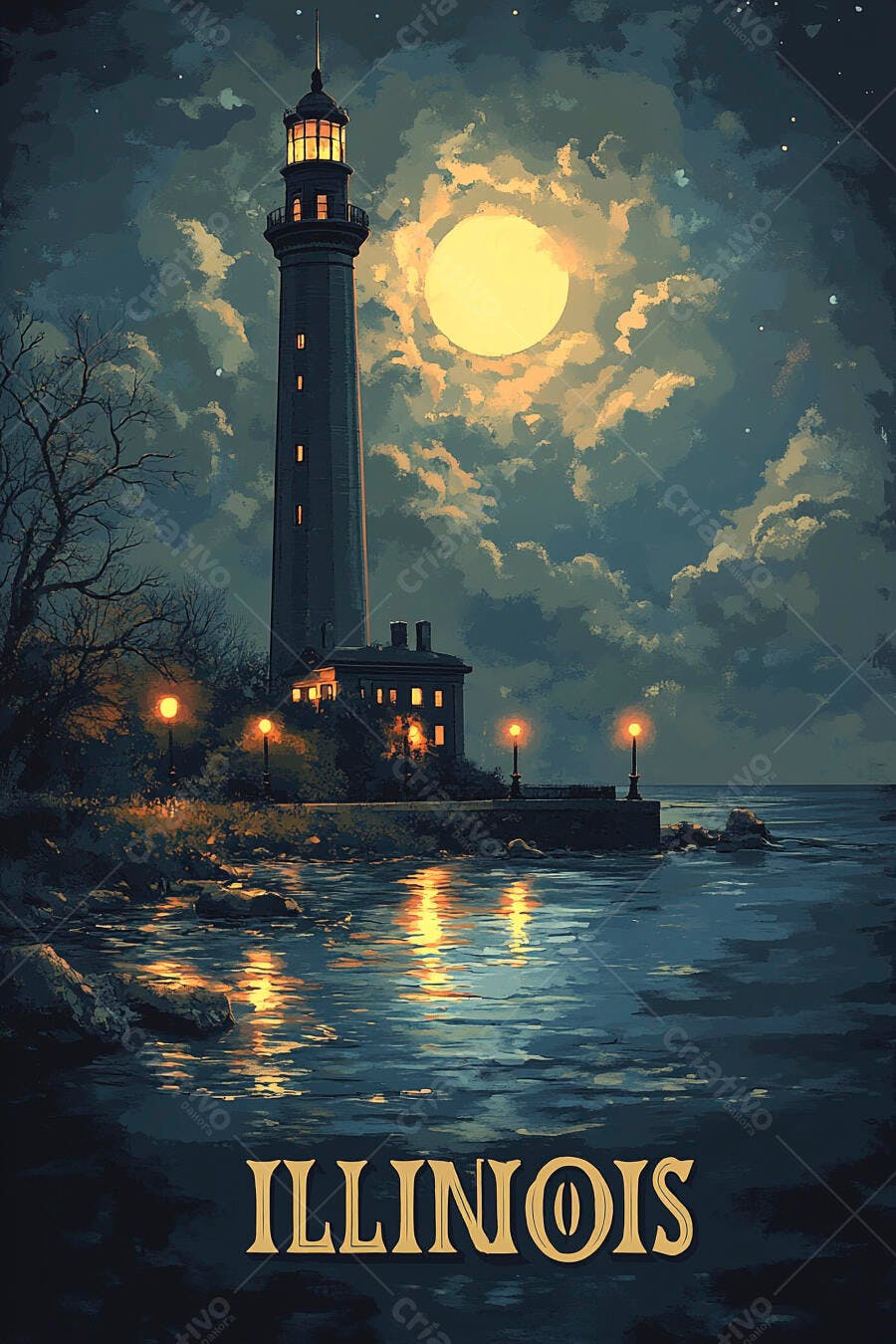 Farol iluminado sob lua cheia na costa de Illinois à noite