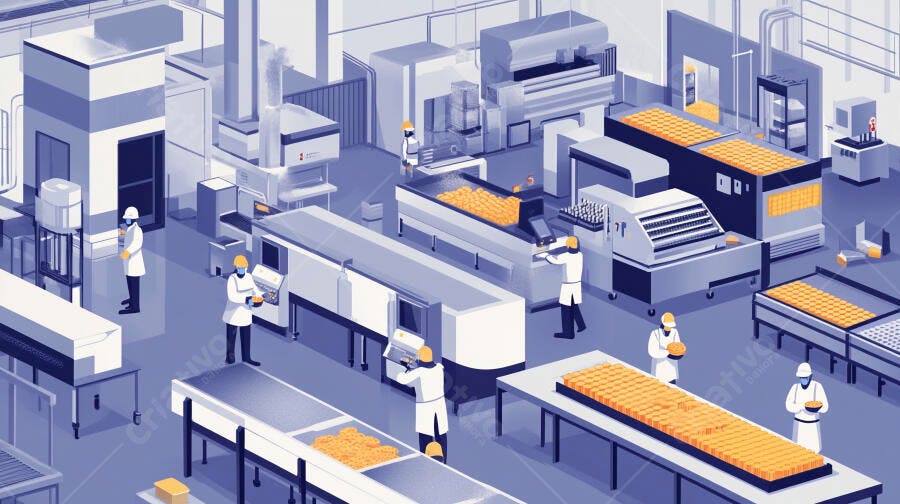 Fábrica de alimentos azul e laranja com trabalhadores em linha de produção