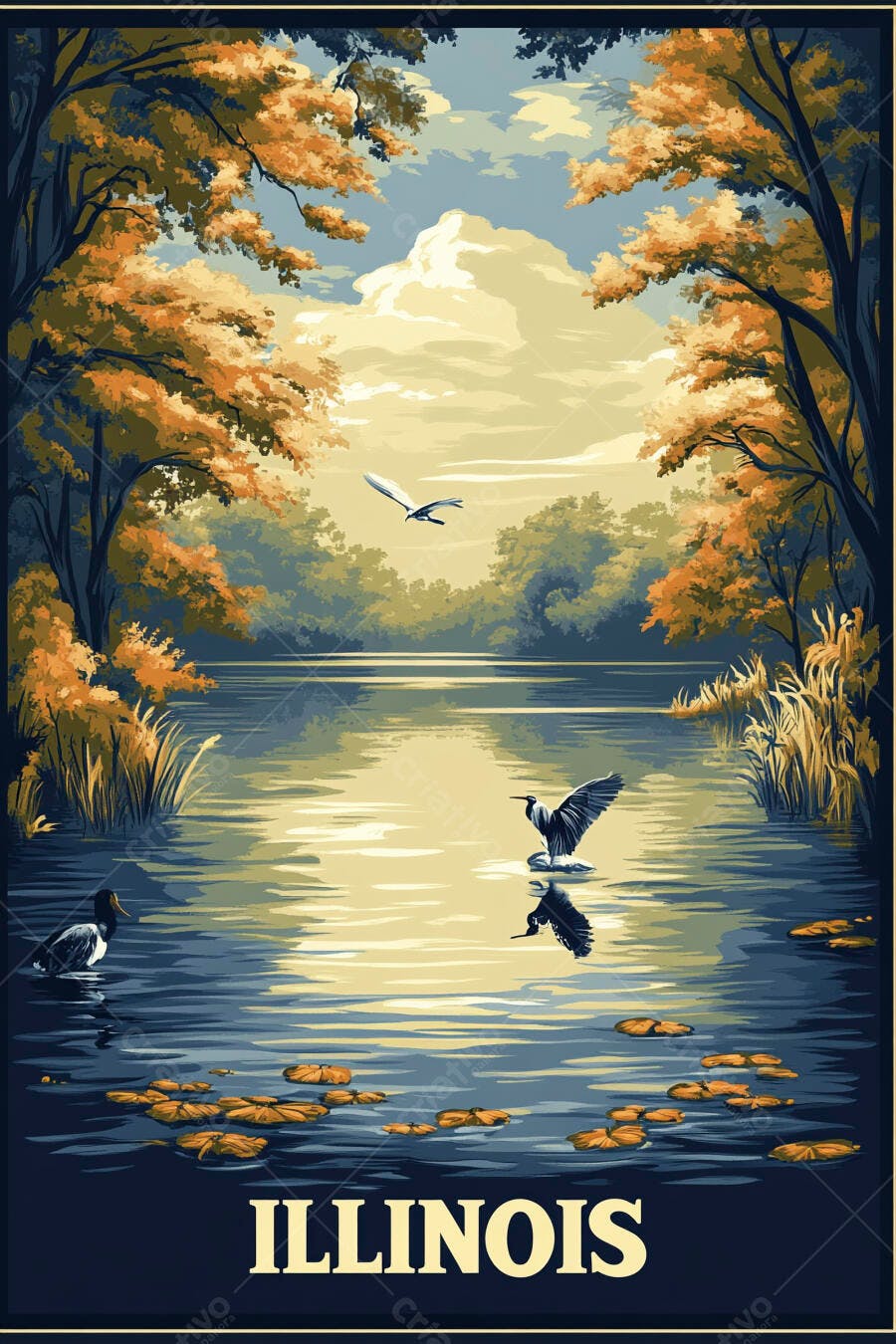Paisagem outonal Illinois com garça pato e lago calmo poster vintage