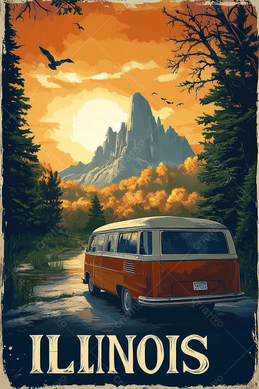 Van vintage laranja e branca em estrada de terra nas montanhas de Illinois ao pôr do sol
