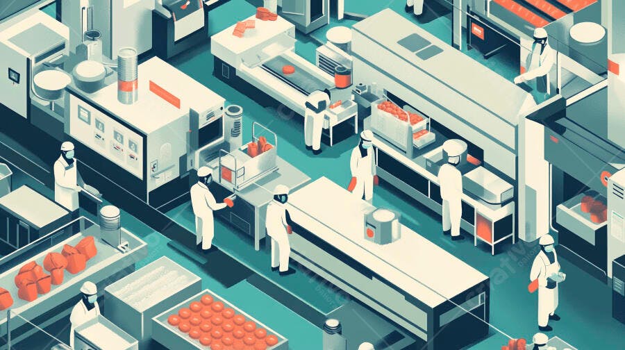 Fábrica de alimentos trabalhadores produzindo itens em linha moderna e higiênica
