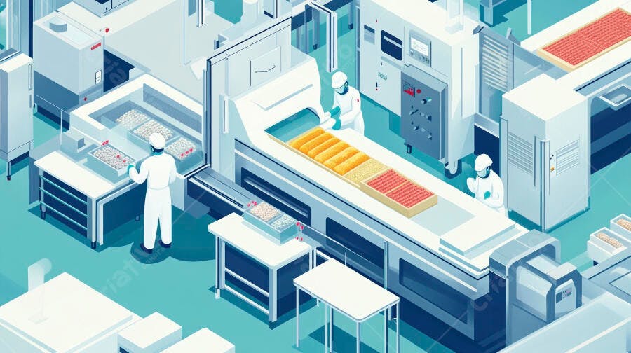 Trabalhadores em fábrica de alimentos processando produtos na linha de produção