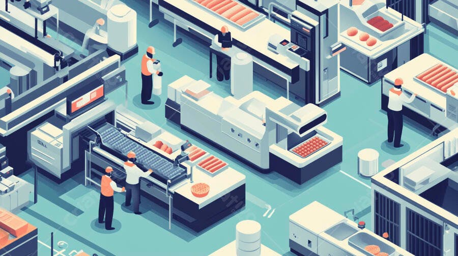 Profissionais na linha de produção de alimentos em fábrica moderna com máquinas e esteiras