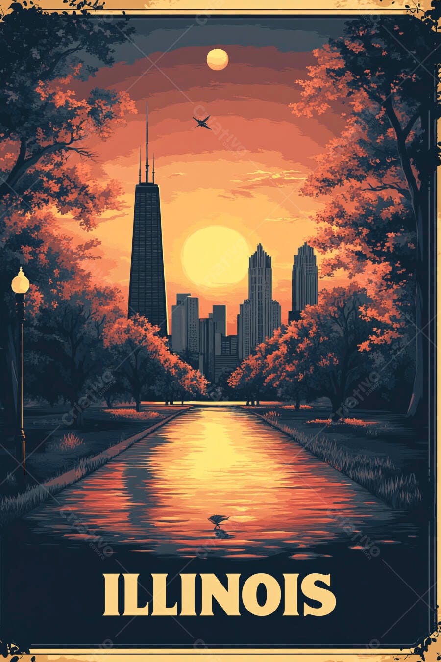 Cenário urbano Illinois pôr do sol com arranha-céus rio e árvores outonais