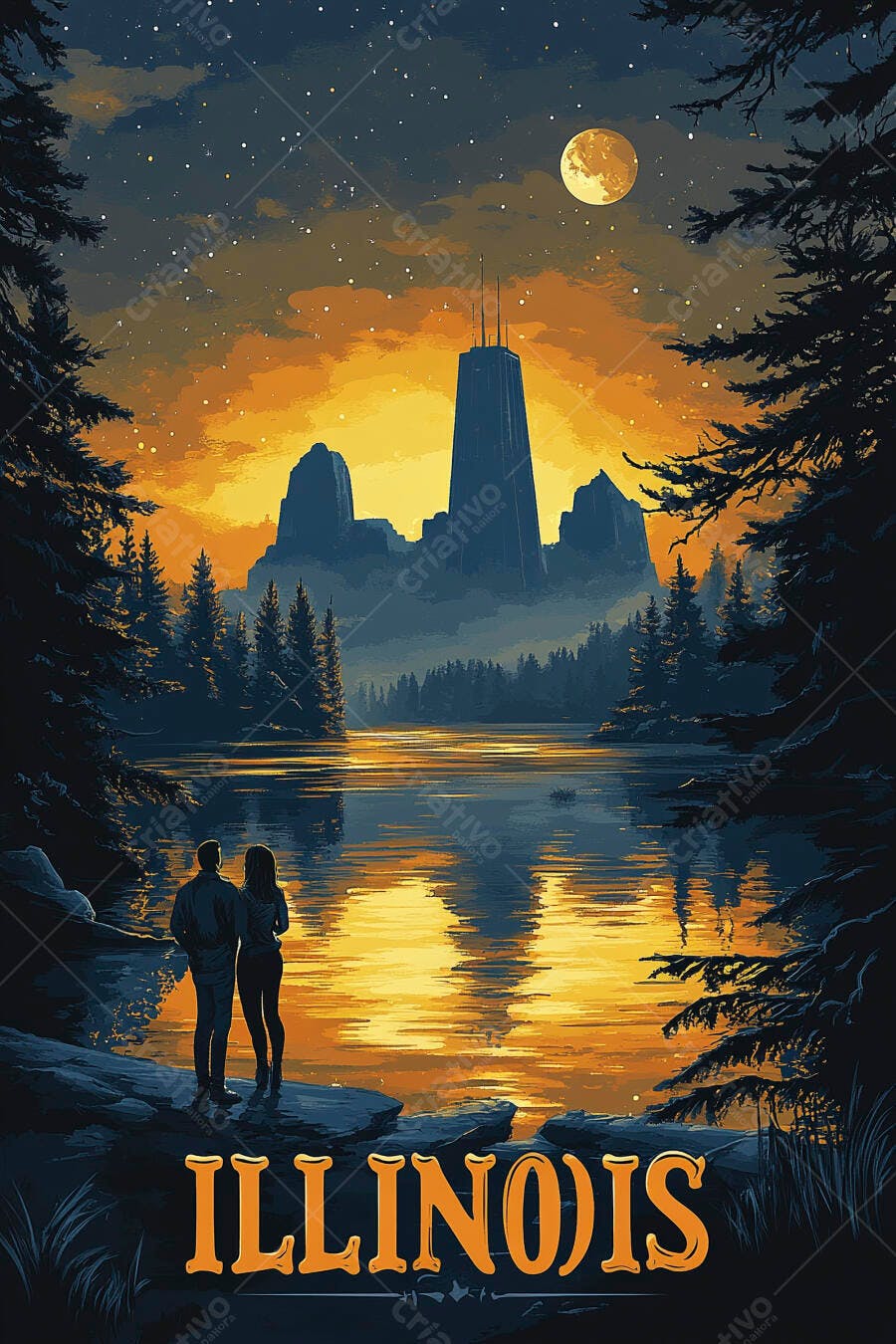 Casal admirando anoitecer dourado sobre lago em Illinois com Chicago ao fundo