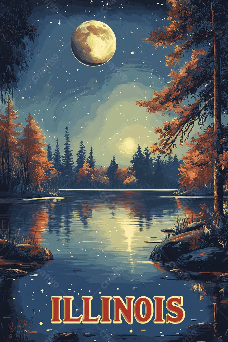 Ilustração Illinois paisagem noturna lago com lua cheia e estrelas