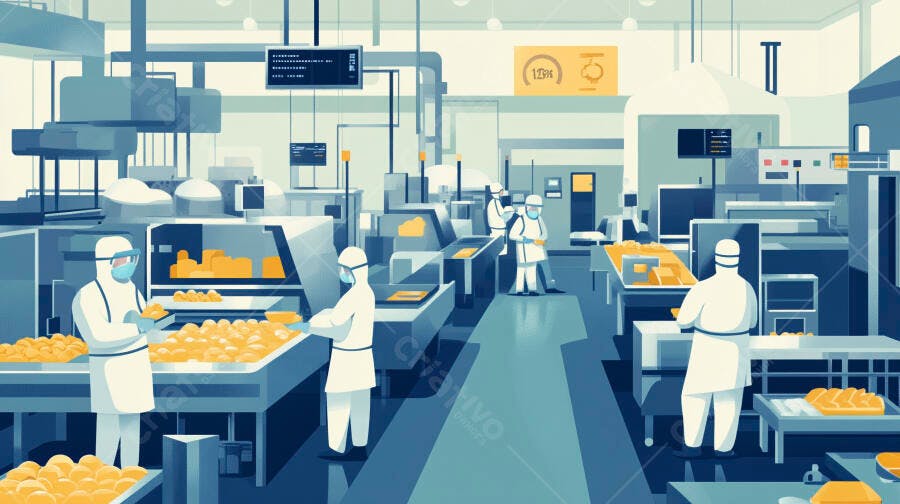 Trabalhadores profissionais de uniforme branco em fábrica de alimentos moderna