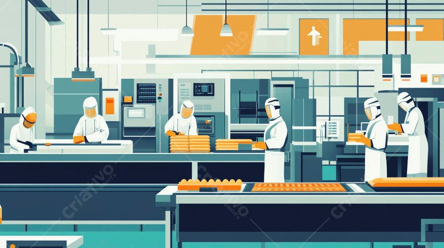 Trabalhadores em fábrica de alimentos linha de produção automatizada