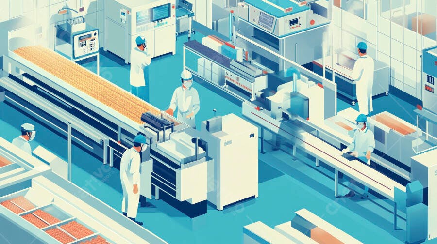 Trabalhadores em fábrica moderna de produção e embalagem limpa azul