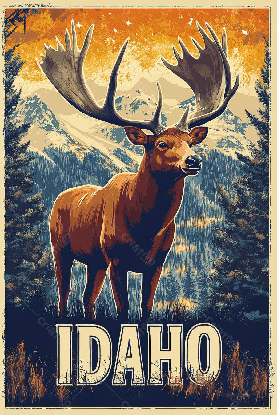 Cervo macho imponente com galhadas em floresta montanhosa de Idaho estilo pôster vintage