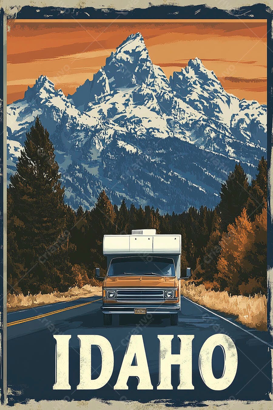Motorhome laranja em estrada de Idaho com montanhas nevadas ao pôr do sol