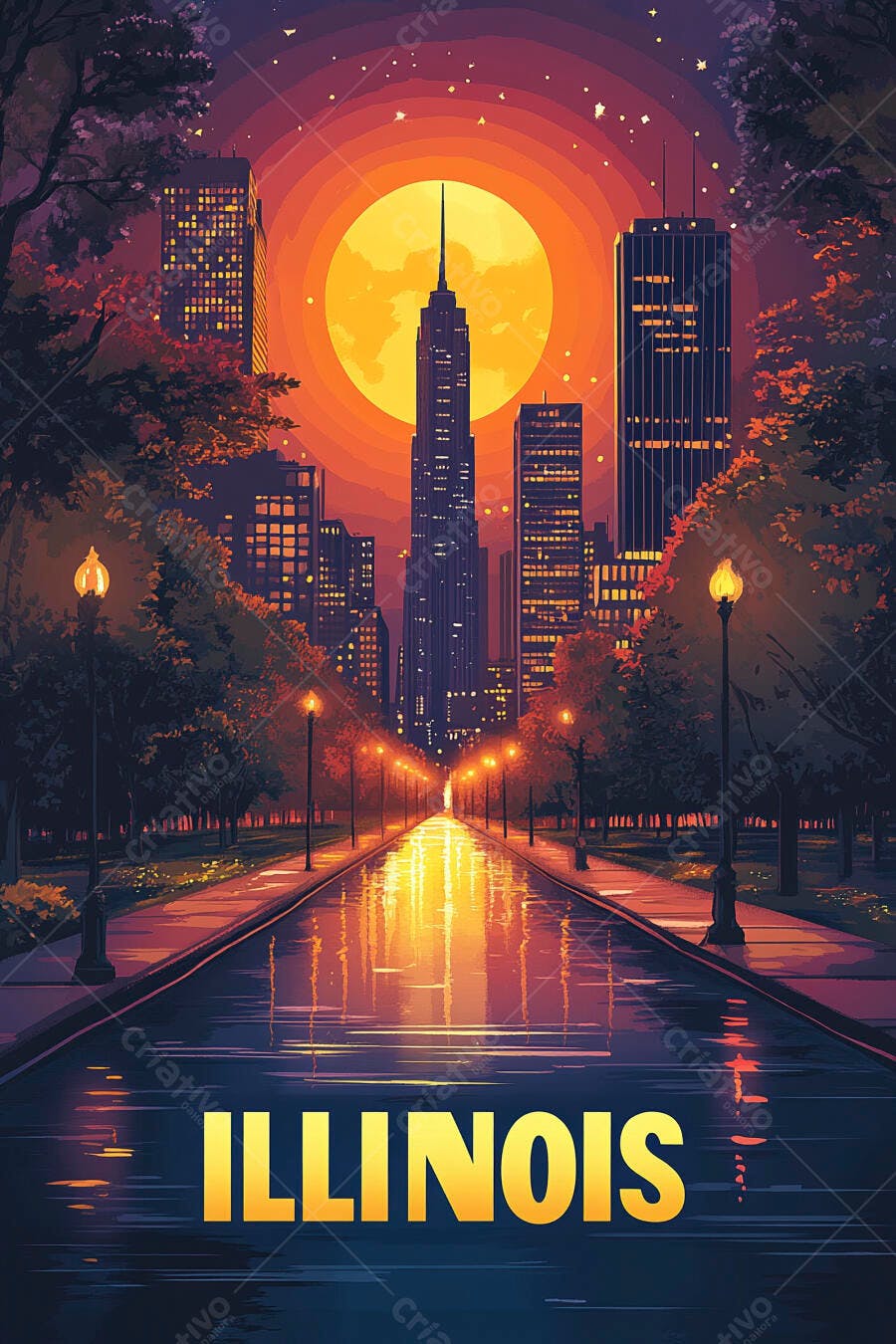 Illinois paisagem urbana ao pôr do sol com rua molhada e arranha-céus