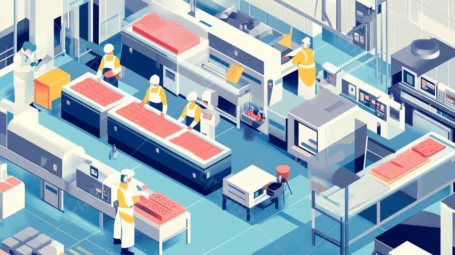 Fábrica de alimentos processamento com trabalhadores uniformizados ilustração isométrica