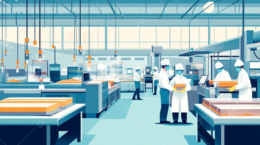 Trabalhadores em fábrica de alimentos moderna com uniformes e máscaras azuis
