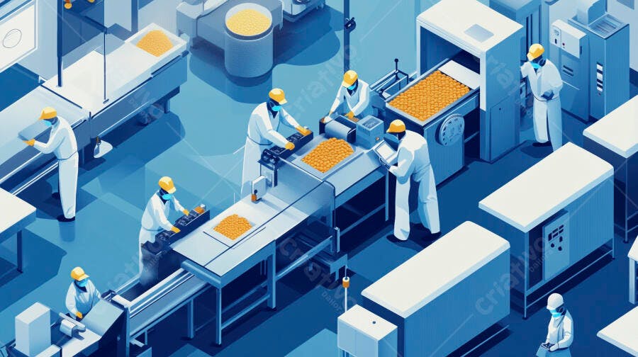 Trabalhadores em uniformes brancos operando linha de produção em fábrica azul