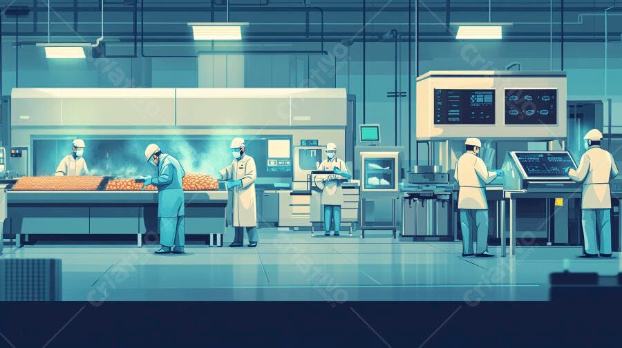 Homens de jaleco branco inspecionando alimentos em laboratório industrial azul