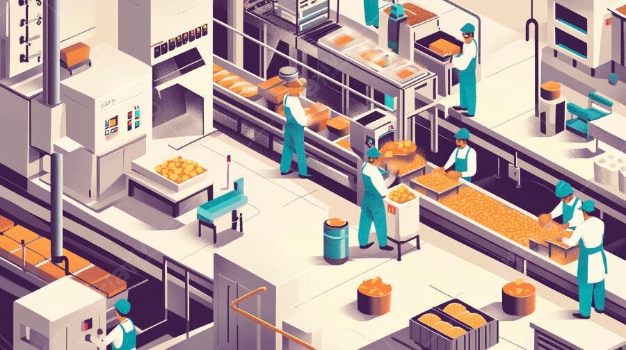Trabalhadores em fábrica de alimentos processando assados em linha de montagem