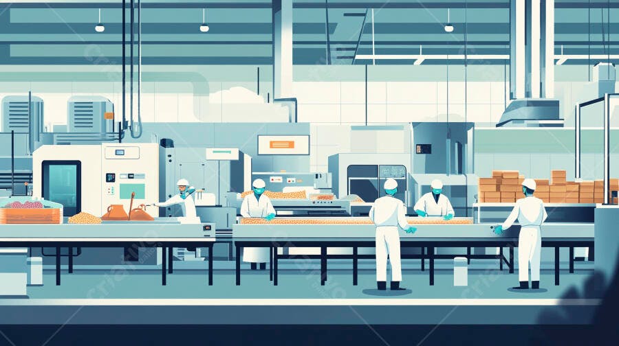 Operários em linha de produção industrial de alimentos moderna