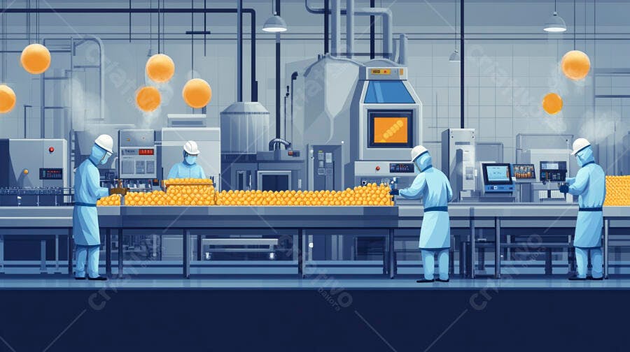 Operários em fábrica de alimentos processando frutas cítricas amarelas brilhantes