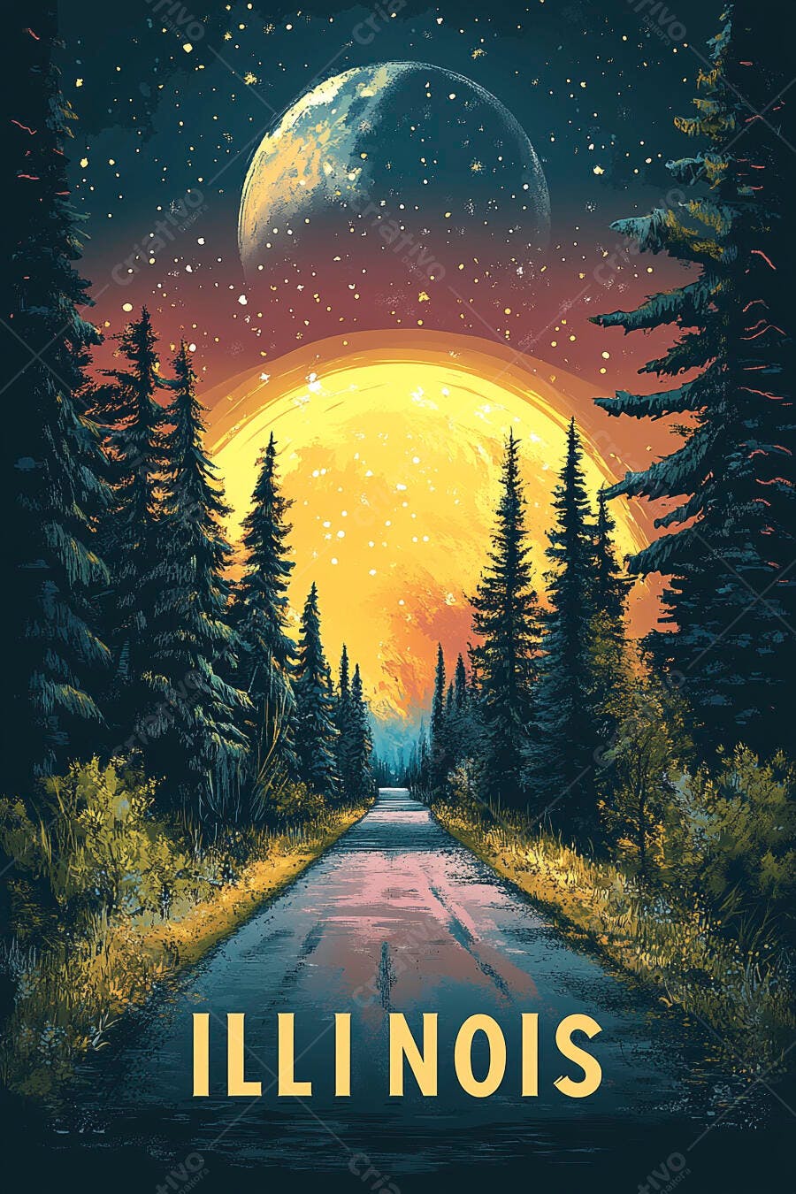 Paisagem noturna Illinois com estrada florestal sob lua gigante