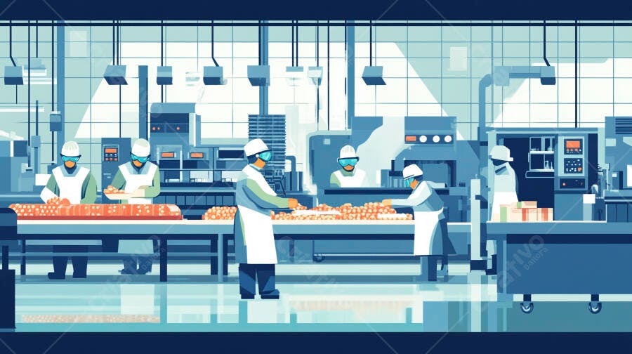Operários em linha de produção de alimentos fábrica azul e laranja