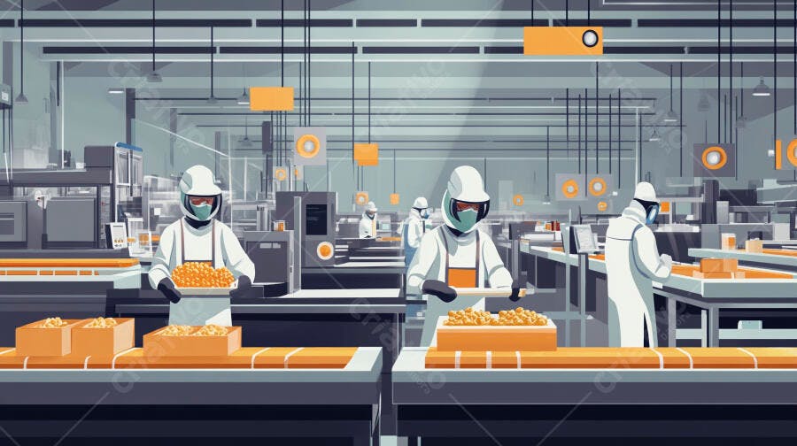 Trabalhadores de fábrica em uniformes brancos manipulando produtos em linha de produção laranja