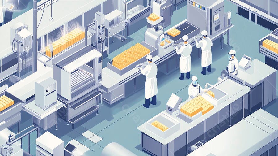 Indústria alimentícia moderna com trabalhadores processando produtos amarelos