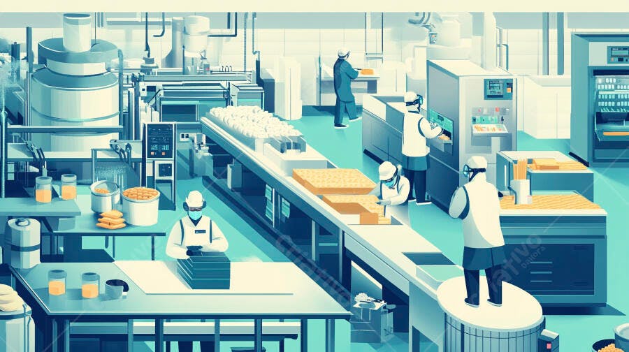 Trabalhadores de fábrica processando alimentos em linha de produção moderna azul e branca