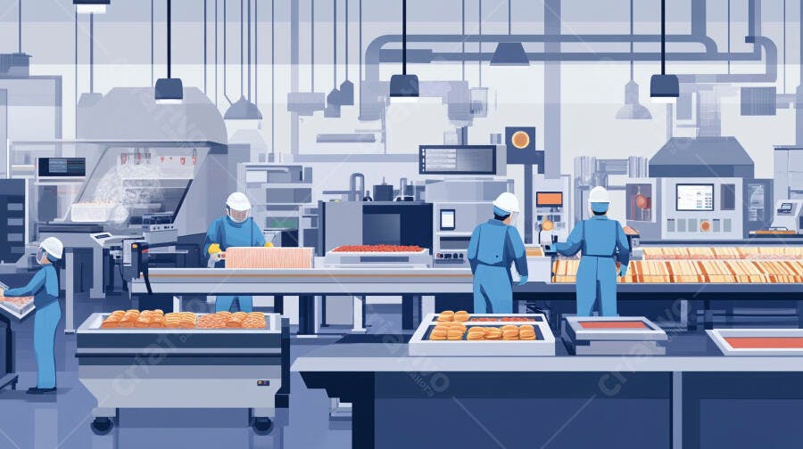 Funcionários de uniforme azul em linha de produção de alimentos assados na fábrica