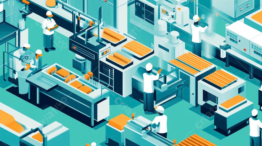 Equipe de operários em fábrica de alimentos com linha de produção industrial moderna