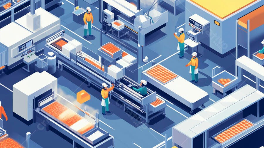 Fábrica moderna produção de alimentos operários em máquinas automatizadas