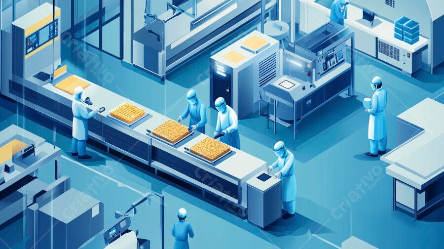Trabalhadores em uniformes azuis operando linha de produção tecnológica