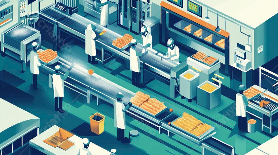 Operários em indústria alimentícia moderna com produtos em esteiras