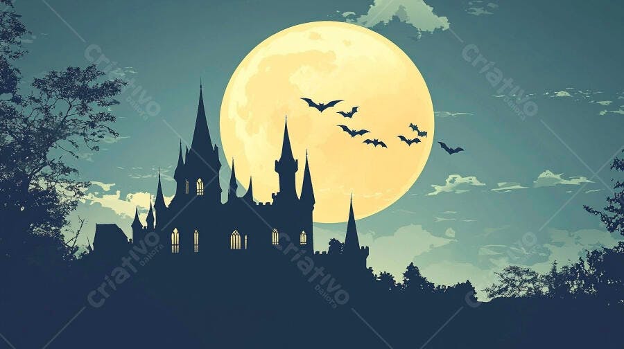 Castelo gótico e morcegos voando sob a lua cheia na noite de Halloween