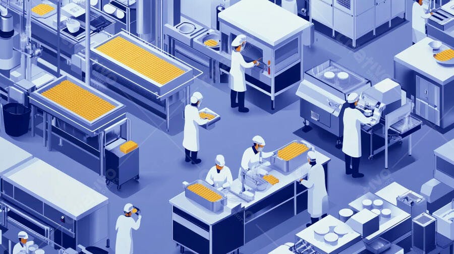 Profissionais em cozinha industrial higiênica processando alimentos amarelos