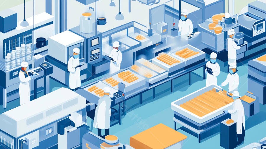 Trabalhadores uniformizados em fábrica de alimentos moderna azul e branca na linha de produção