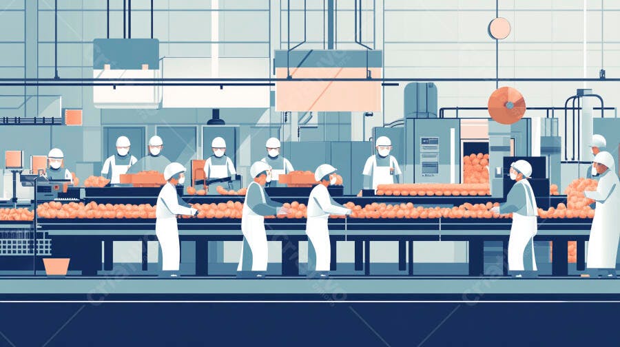 Trabalhadores em uniformes brancos na linha de produção de alimentos laranja em fábrica