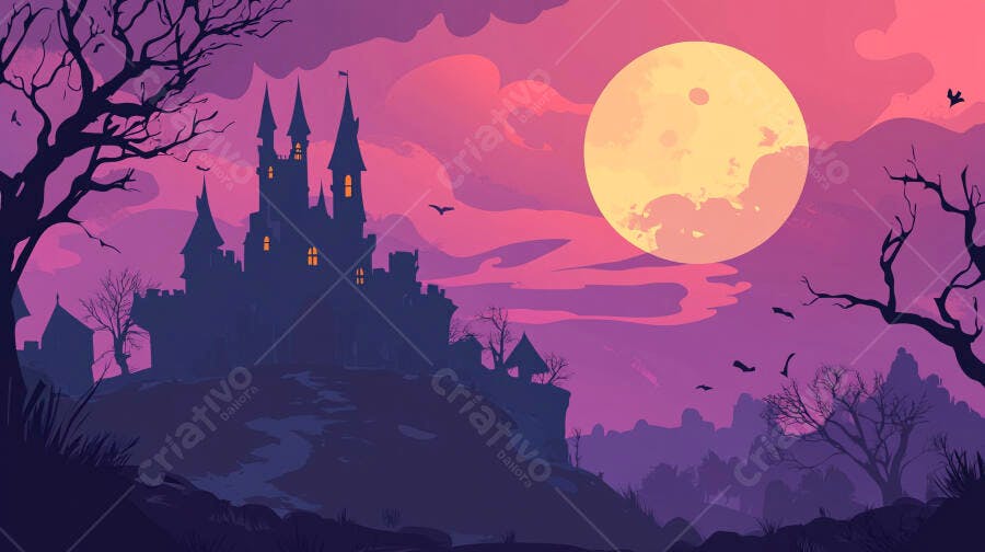 Castelo assombrado sob lua cheia na noite roxa de Halloween