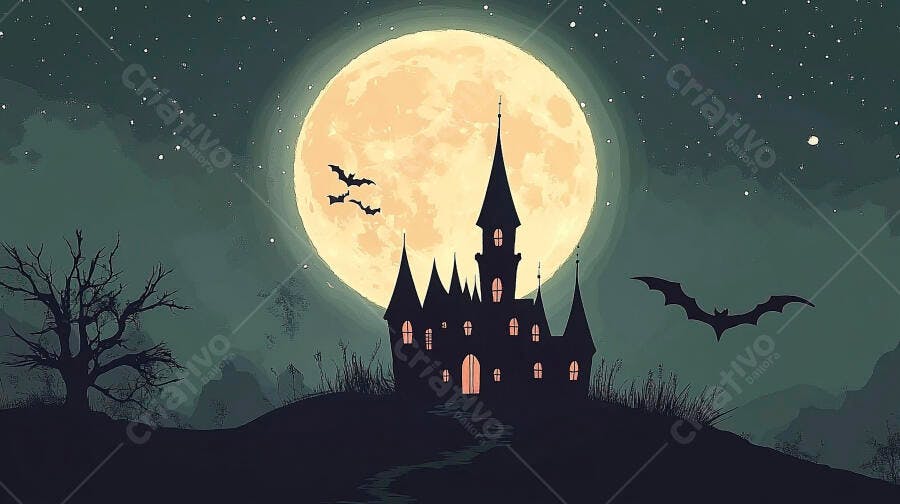 Castelo assombrado sob lua cheia com morcegos e árvore seca Halloween