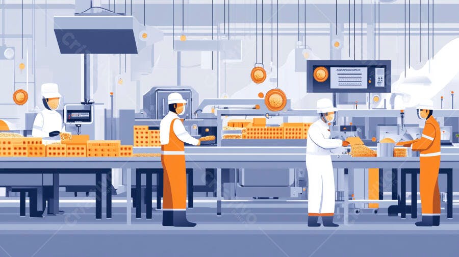 Trabalhadores em fábrica processando alimentos na linha de produção com uniformes azuis e laranja