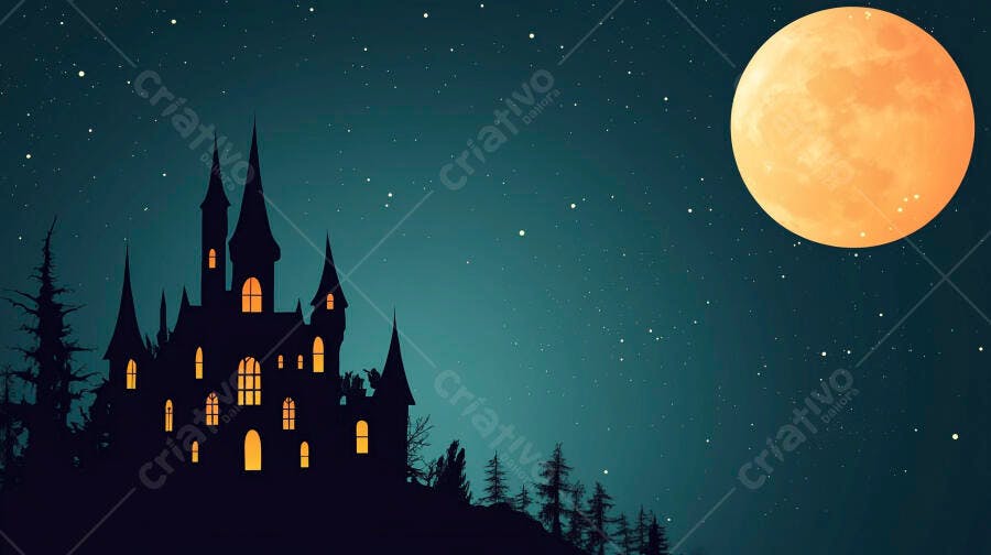 Castelo assombrado à noite com lua cheia laranja e estrelas