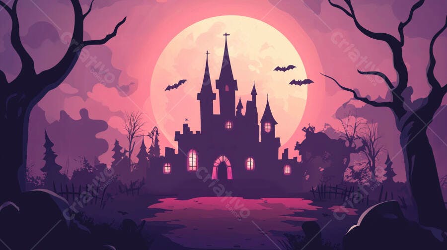Castelo assombrado gótico com lua cheia e morcegos na noite de Halloween