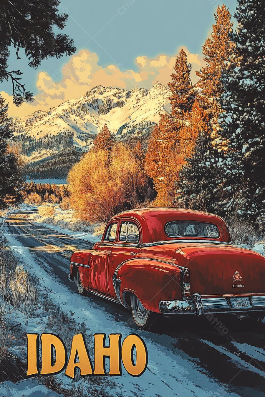 Carro vermelho vintage em estrada nevada nas montanhas de Idaho