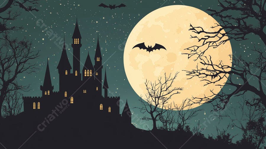 Castelo assombrado lua cheia morcegos voando árvores secas noite estrelada Halloween