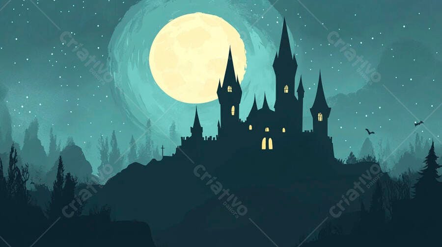 Castelo gótico assustador sob a lua cheia estrelada com morcegos noturnos