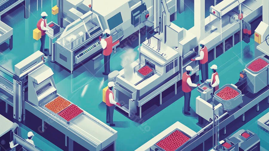 Homens trabalhadores processando alimentos vermelhos em linha de produção industrial moderna