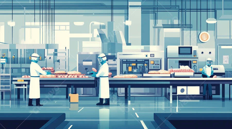Trabalhadores de alimentos em uniformes brancos em linha de produção industrial azul