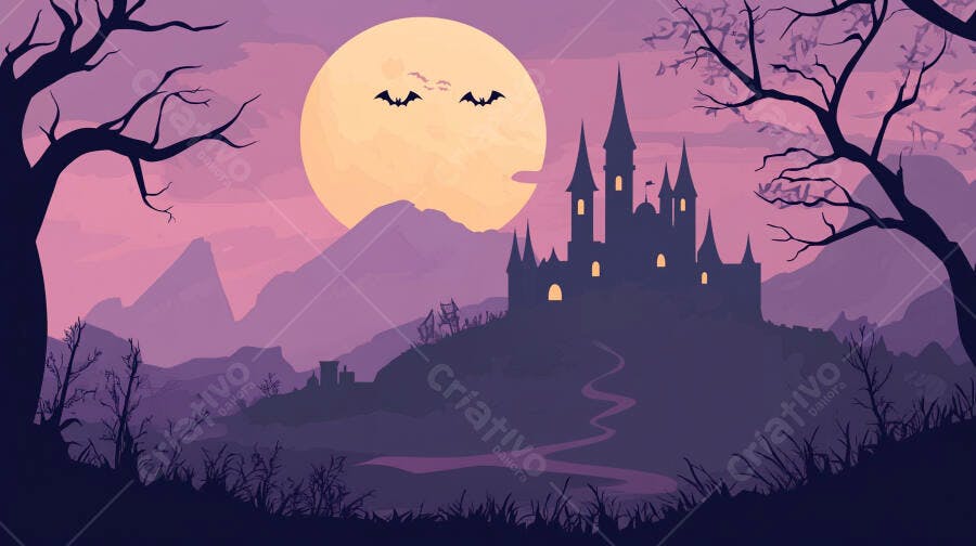 Castelo assombrado sob lua cheia com morcegos e árvores secas Halloween