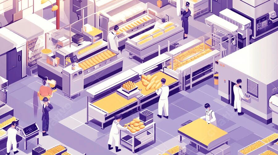 Trabalhadores em fábrica de pães moderna com fornos e esteiras roxas e amarelas